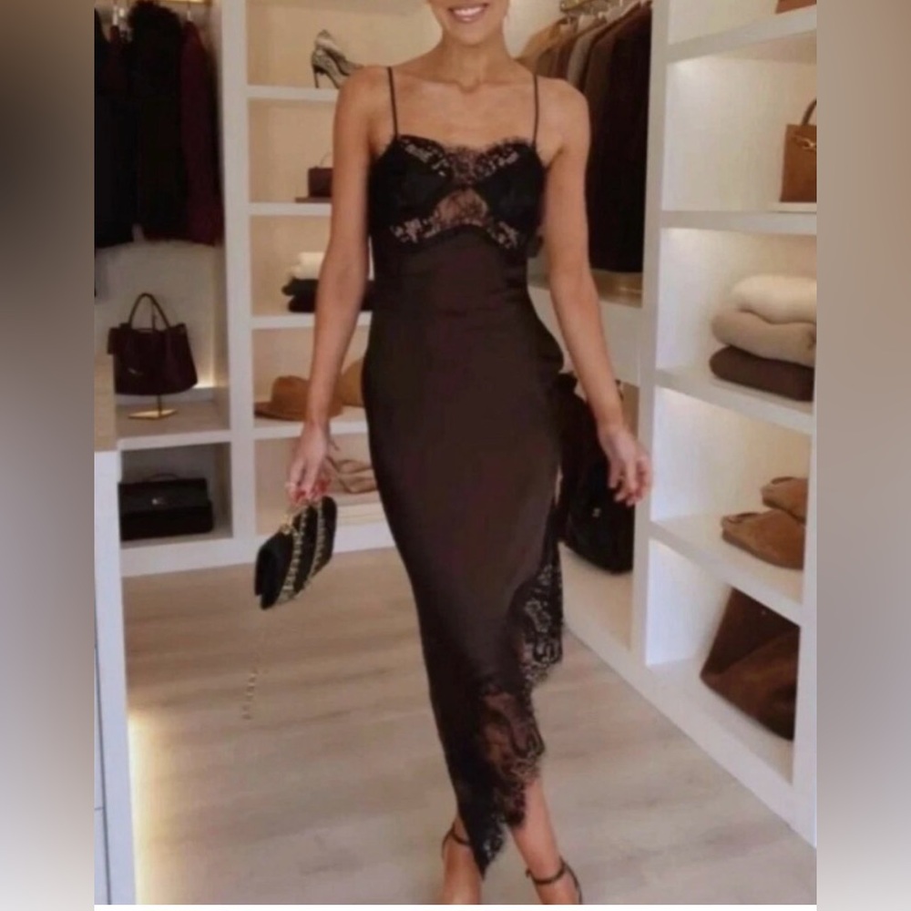NWT Zara ASYMMETRIC SATIN LACE DRESS ZW COLLECTION Brown Black Medium - Picture 12 of 12